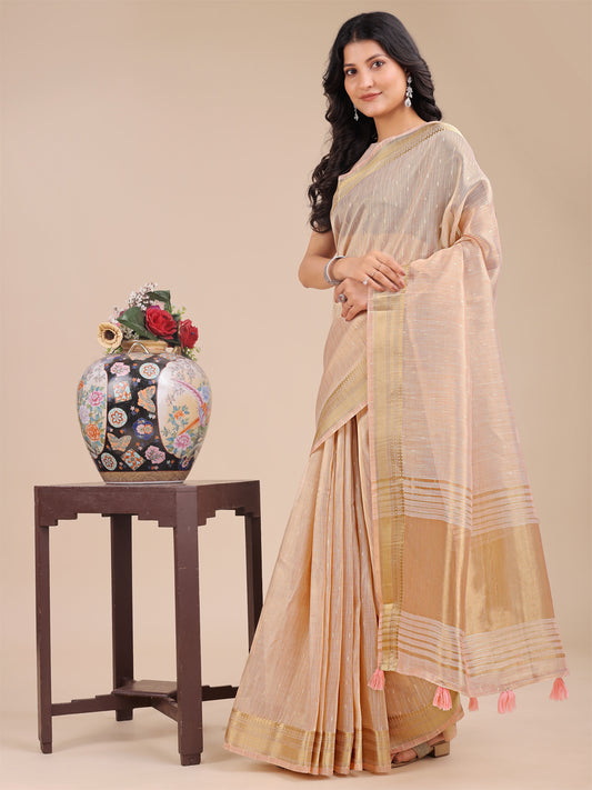 Astita Peach Organza Saree with Zari Border & Tassel Pallu – Lightweight Festive Saree for Women