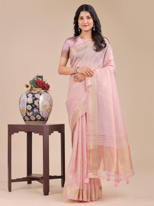 Astita Light Pink Organza Saree with Zari Border & Tassel Pallu – Lightweight Festive Saree for Women
