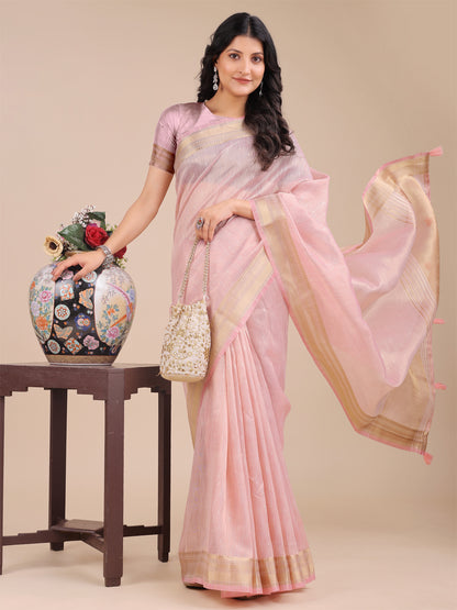 Astita Light Pink Organza Saree with Zari Border & Tassel Pallu – Lightweight Festive Saree for Women