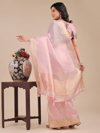 Astita Light Pink Organza Saree with Zari Border & Tassel Pallu – Lightweight Festive Saree for Women