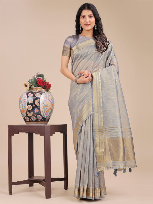 Astita Grey Organza Saree with Zari Border & Tassel Pallu – Lightweight Festive Saree for Women