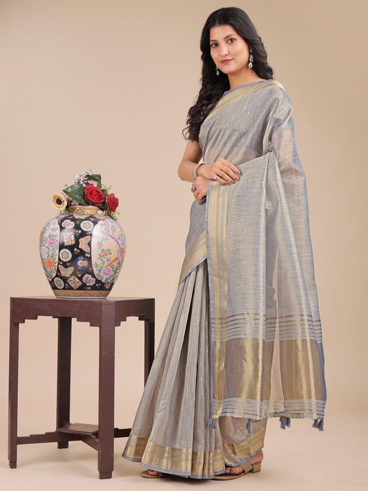 Astita Grey Organza Saree with Zari Border & Tassel Pallu – Lightweight Festive Saree for Women