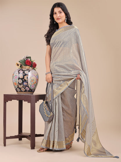 Astita Grey Organza Saree with Zari Border & Tassel Pallu – Lightweight Festive Saree for Women