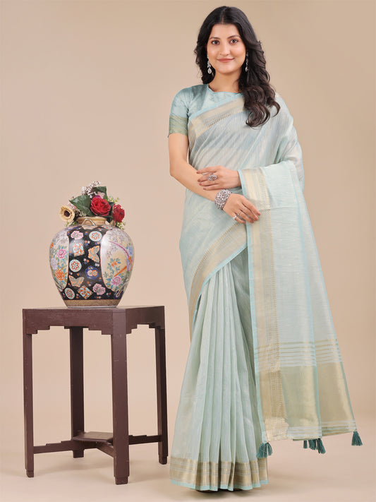 Astita Sea Green Organza Saree with Zari Border & Tassel Pallu – Lightweight Festive Saree for Women