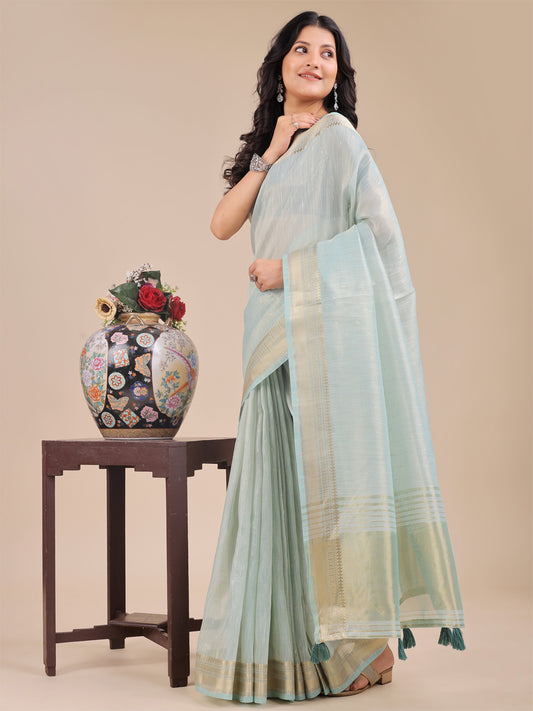 Astita Sea Green Organza Saree with Zari Border & Tassel Pallu – Lightweight Festive Saree for Women