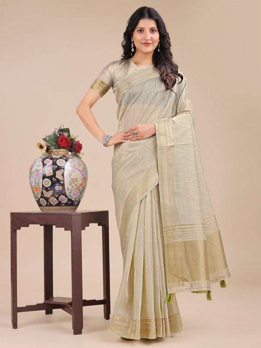 Astita Cream Organza Saree with Zari Border & Tassel Pallu – Lightweight Festive Saree for Women