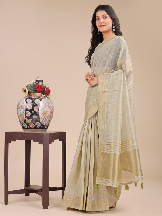 Astita Cream Organza Saree with Zari Border & Tassel Pallu – Lightweight Festive Saree for Women