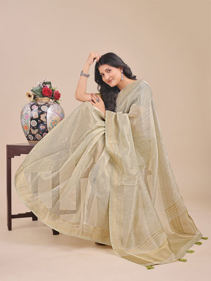 Astita Cream Organza Saree with Zari Border & Tassel Pallu – Lightweight Festive Saree for Women